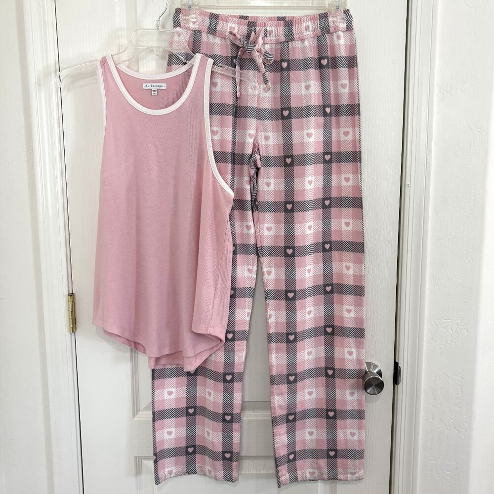 PJ Salvage Plaid Hearts Flannel Pajamas 2 PC Tank Top & Pants Lounge Pink & Gray